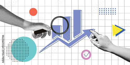 Halftone collage. Hand with glass and up arrows. Market chart, finance graph. Business data, trend. Trending upwards. Modern stock design. Vector art.