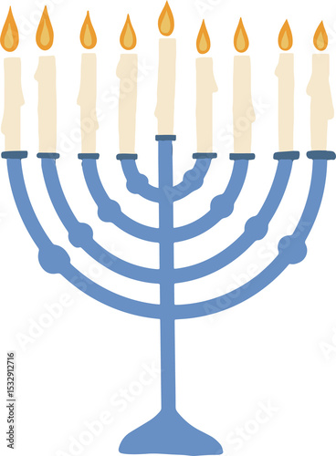 flat-style light-blue menorah showing nine candles burning orange flames on transparent background