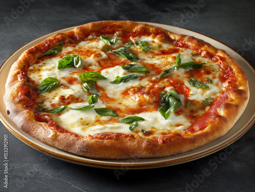 A 45-degree angled shot of a whole frozen-style Margherita pizza, fully baked and served unsliced. The pizza features a thin, evenly baked crust with lightly puffed golden-brown edges and no burnt are