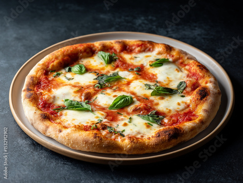 A 45-degree angled shot of a whole frozen-style Margherita pizza, fully baked and served unsliced. The pizza features a thin, evenly baked crust with lightly puffed golden-brown edges and no burnt are