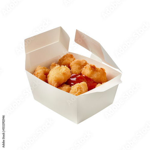 Crispy Chicken Nuggets in a White Cardboard Box with Ketchup