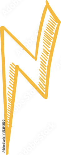 Stylized yellow zigzag bolt is floating on transparent background with hand-drawn hatch shading