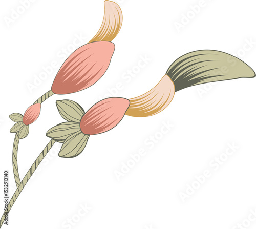 Showing flat design sprig with three curved stems, gradient buds, paired leaves on clear backdrop