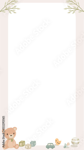Flat baby-themed frame is showing toy motifs and leaf sprigs on transparent background, copy space
