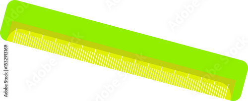 Flat design ruler is tilting on transparent backdrop, showing neon green with white metric scale