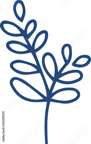 Stylized plant branch with oval leaves is showcasing minimalist line drawing on transparent canvas