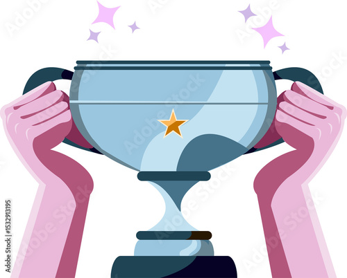 Flat design is showing pink hands holding silver trophy cup with sparkles, transparent background