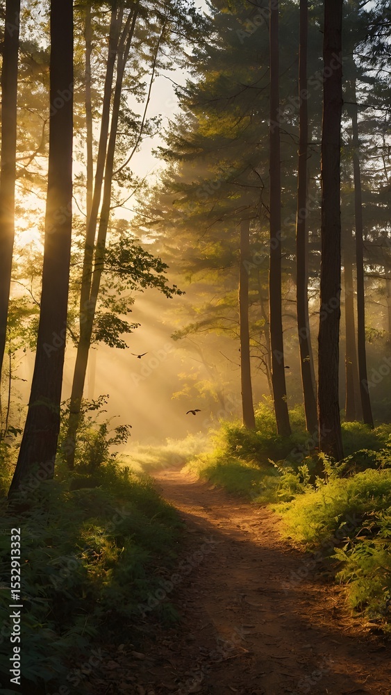 Obraz premium Birds Flying Over Sunlit Forest Path