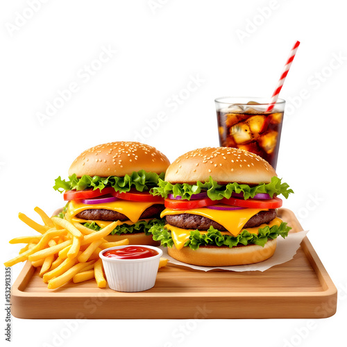 Delicious Burgers Fries and Soda on Wooden Tray Isolated