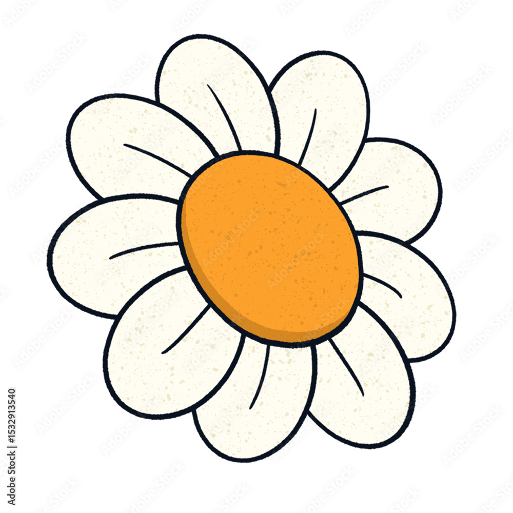 Fototapeta premium Flat stylized daisy is floating on transparent background, showing white petals and orange center
