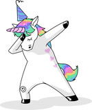 Flat design unicorn is dabbing on transparent background wearing striped party hat with oval shadow