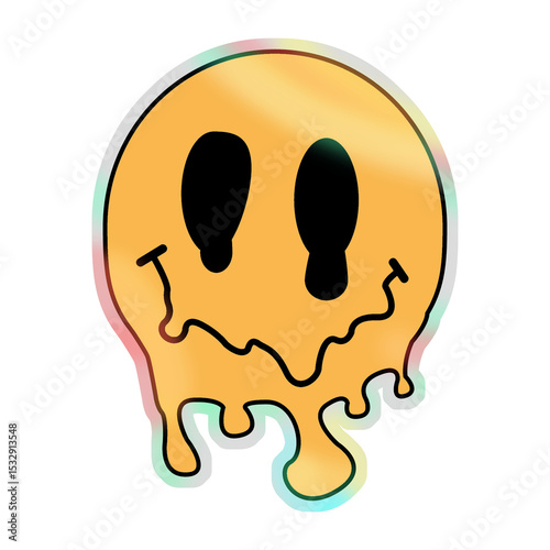 Melting smiley face is dripping in flat design, with gradient fill, transparent background