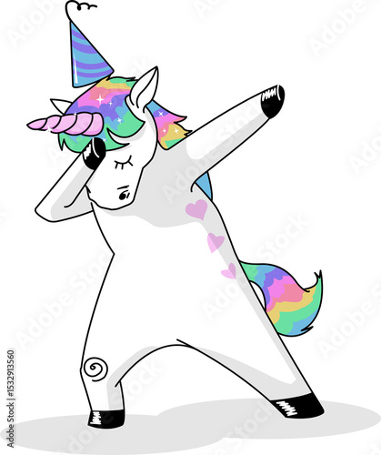 Flat design unicorn is dabbing on transparent background wearing striped party hat with oval shadow