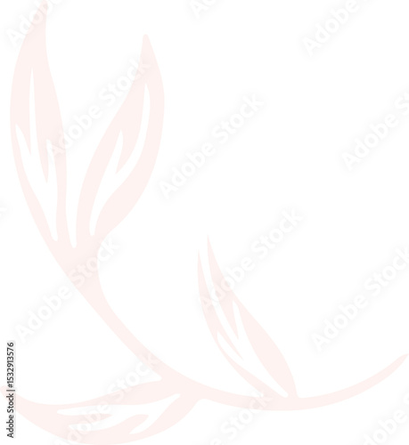 Minimalist flat design showing curved branch with pointed leaves in soft pink on transparent canvas