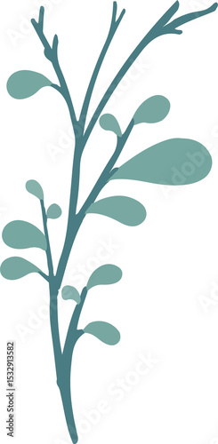 Minimal vector showing plant branch bearing teardrop leaves in green tones, transparent background