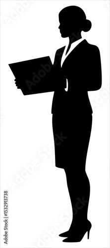 Black silhouette of a businesswoman in a suit, standing in profile while holding a folder. This graphic offers a professional and prepared representation. Perfect for corporate themes.