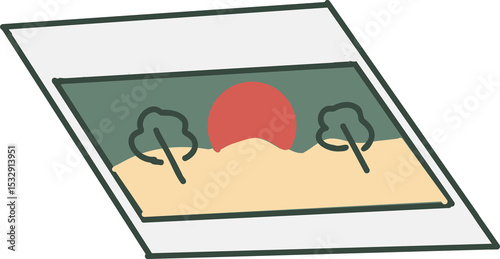 Tilting printout is featuring minimalist sunset, red sun, abstract trees, transparent background