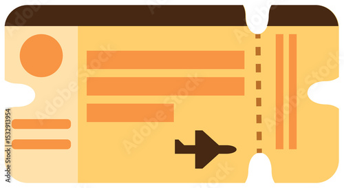 Flat flight ticket icon is showing dashed tear line, bars  and  airplane silhouette on clear backgro