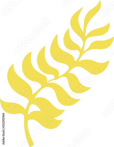 Stylized yellow botanical frond is being shown in flat design, on transparent background