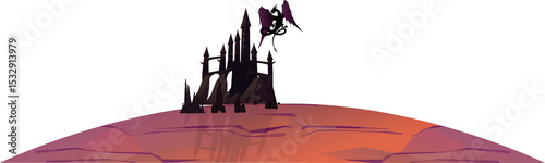 Vector castle silhouette and flying dragon are showing on gradient orb with transparent background