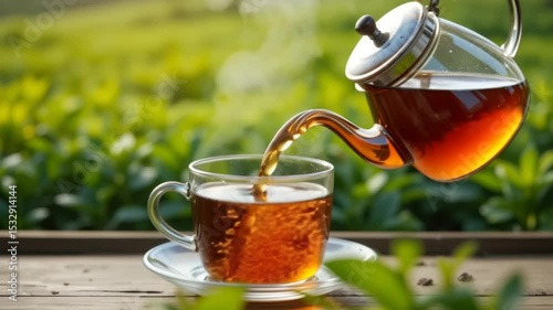 Pouring Tea into a Glass Cup, a Relaxing and Refreshing Beverage on a Sunny Day