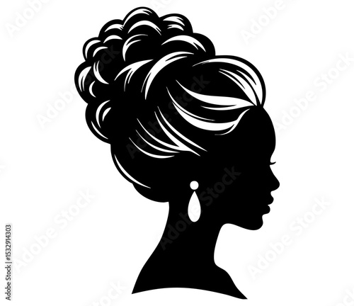 Black silhouette of a woman in profile with an elaborate, large bun hairstyle and an earring. This sophisticated graphic offers an elegant and high-fashion visual. Perfect for hair salons, beauty