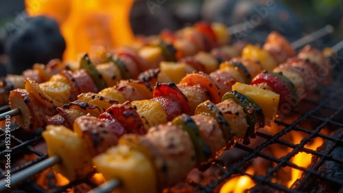 Grilled skewers with vegetables and meat cooking on hot burning charcoal flames