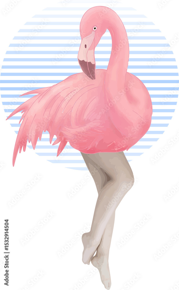 Obraz premium Surreal flamingo-human hybrid is standing in flat illustration, with striped circle, transparent