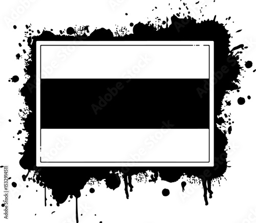 White panel featuring black band, surrounding ink splatter shapes on transparent layer, 2D design
