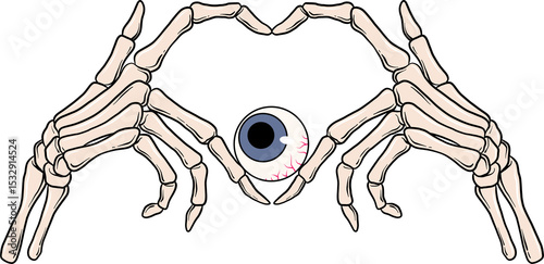 Two skeletal hands are cradling eyeball with blue iris in flat design, transparent background