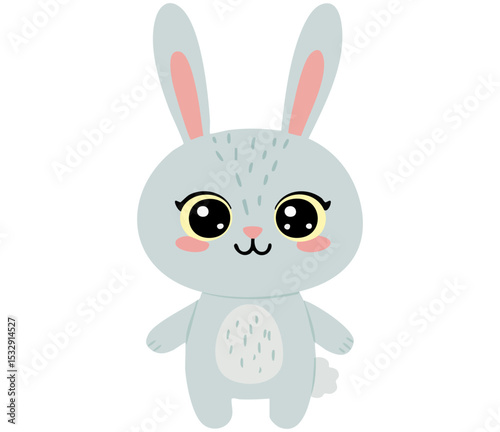Cute cartoon vector illustration of a happy grey bunny with big eyes. This adorable character design offers a sweet and gentle visual. Perfect for Easter, children's products, or nursery art.