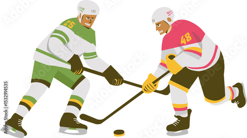 Two ice hockey players are battling for puck control in flat design with transparent background