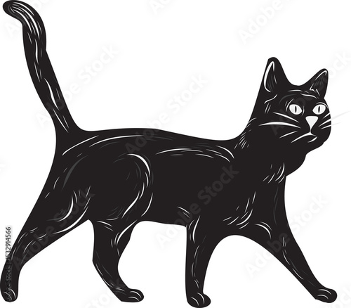 Fototapeta Naklejka Na Ścianę i Meble -  Vector illustration showing black cat walking right with white strokes on transparent canvas