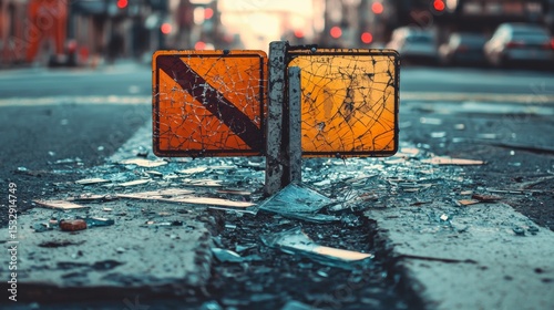 Broken street signs lay on a cracked road with scattered glass pieces in an urban environment at dusk