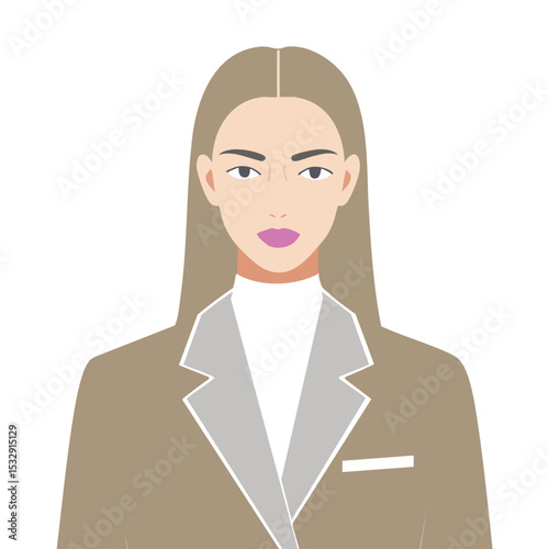 Vector portrait of a woman with long blonde hair, wearing a beige blazer and white turtleneck. This flat design graphic offers a modern, professional look