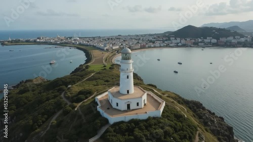 Aerial View of Lighthouse on a Hill Overlooking the Sea and a Coastal City
