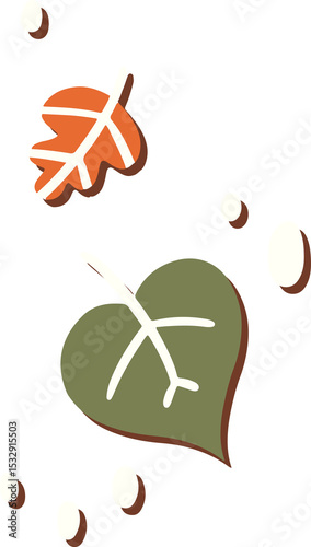 Orange and green leaves are floating on transparent backdrop with brown-shadowed ovals, flat design