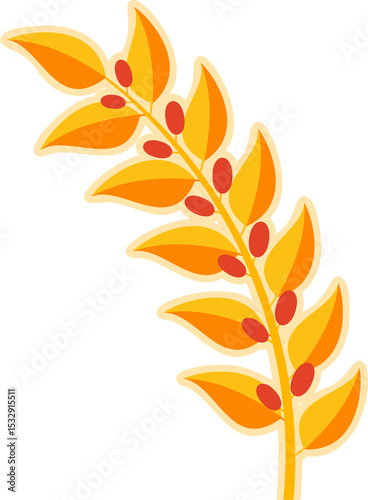 Flat-design branch is curving on transparent backdrop, showing gradient leaves and red berries