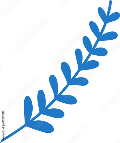 Stylized blue branch with oval leaves is floating on transparent backdrop in flat style, copy space