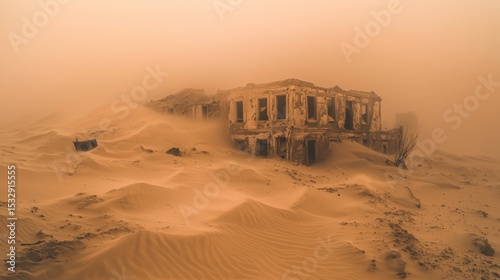 Abandoned structure covered in sand during a dust storm in a remote desert location at sunset