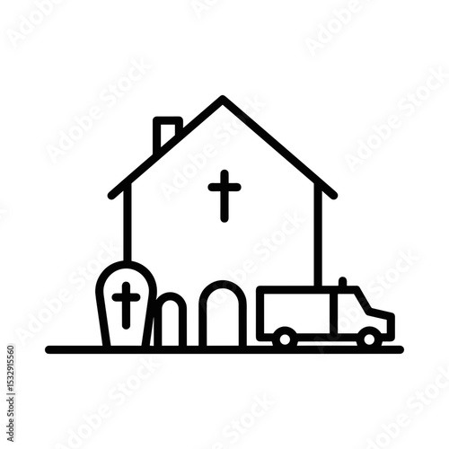 Outline of funeral home with crosses, graves, and hearse vehicle  