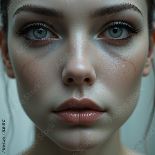 A lifelike synthetic face close-up, displaying subtle imperfections that evoke an unsettling feeling