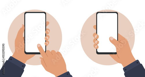 Vector illustration of hands holding a smartphone with a blank white screen. A clean mockup for showcasing mobile app interfaces or digital content.