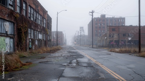 Abandoned street with overgrown vegetation and fog in a deserted industrial area at dawn