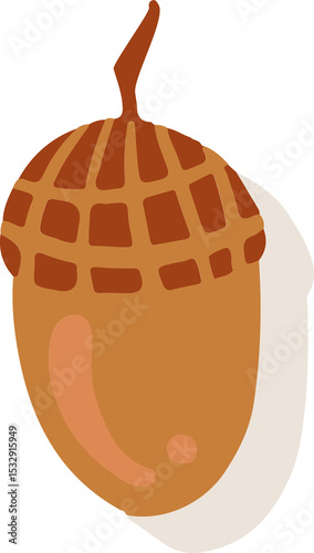 Stylized acorn is floating in flat design, showing grid cap, nut, shadow and transparent background