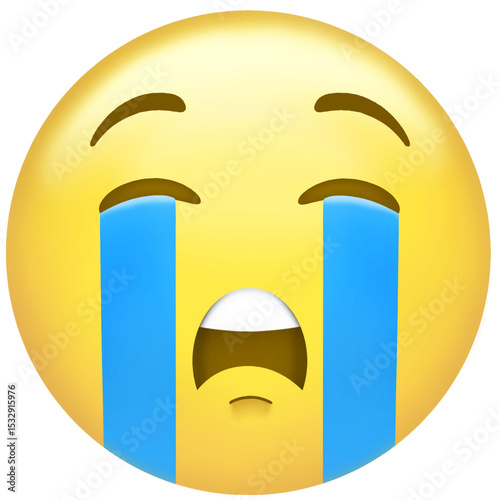 Stylized crying face emoji is appearing in vector style, with blue tears on transparent backdrop