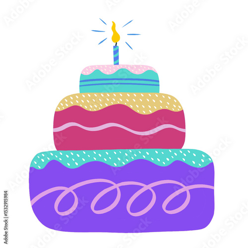 Tiered cake is featuring pastel icing and striped candle in flat design on transparent background