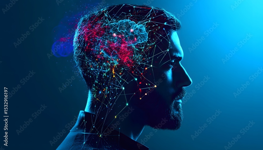 Fototapeta premium Profile view of a person with a network graphic overlaying their head.