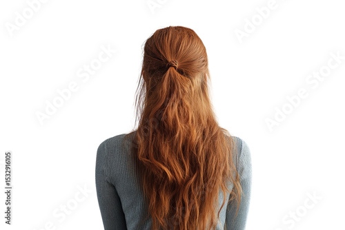 A vibrant auburn hair cascades down the back of a woman in quiet contemplation with a tied on transparent background