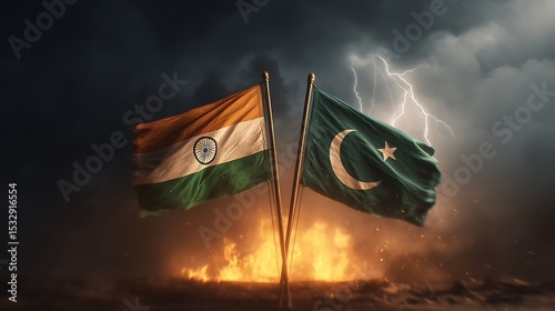 India Pakistan flags clashing amidst stormy sky and fire symbolizing conflict tension international relations political unrest